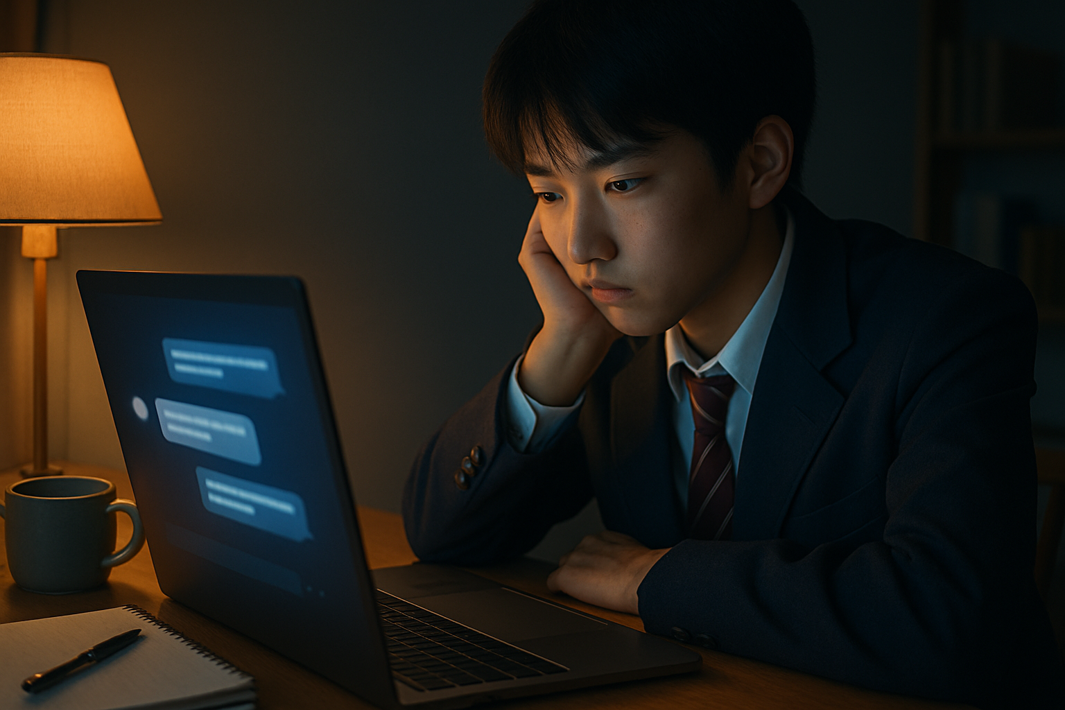 ChatGPTで宿題をする高校生がバレる理由を考えながらパソコン画面を見つめる様子