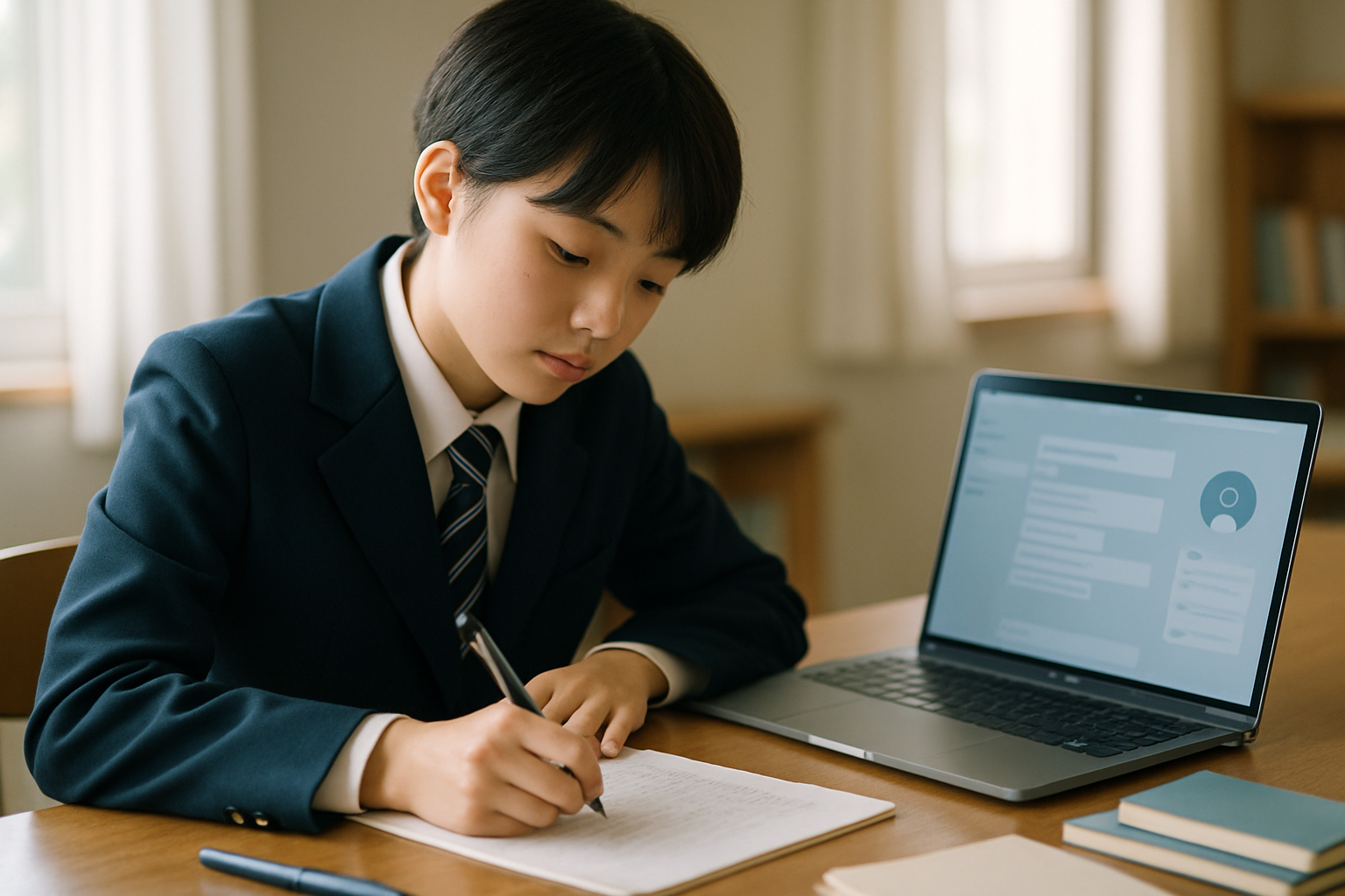 高校生がClaudeを使って小論文の添削方法を実践している学習風景