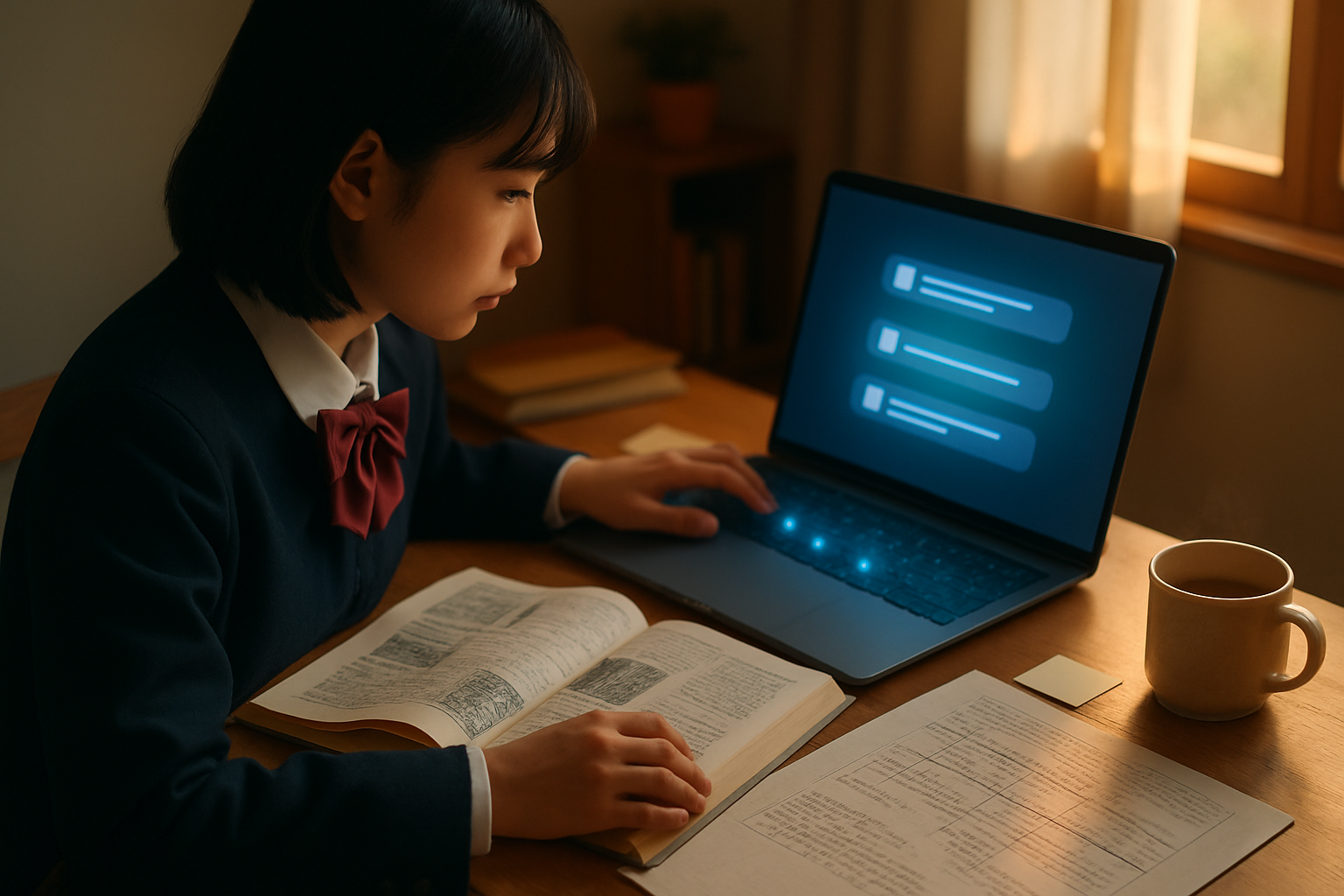 試験の日本史対策でAIプロンプトを使って勉強する高校生の様子