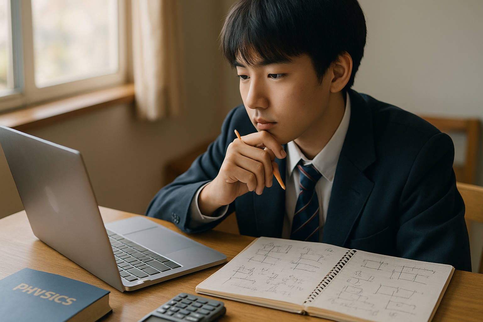 試験の物理対策でAIプロンプトを使い勉強する高校生の写真