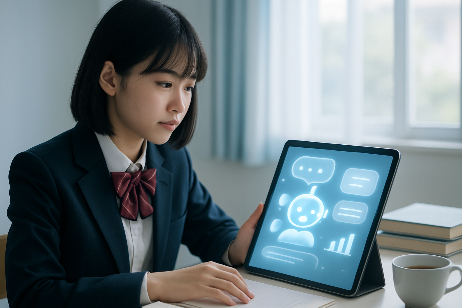 高校生がタブレットでAI家庭教師を使い、おすすめサービスを比較している様子