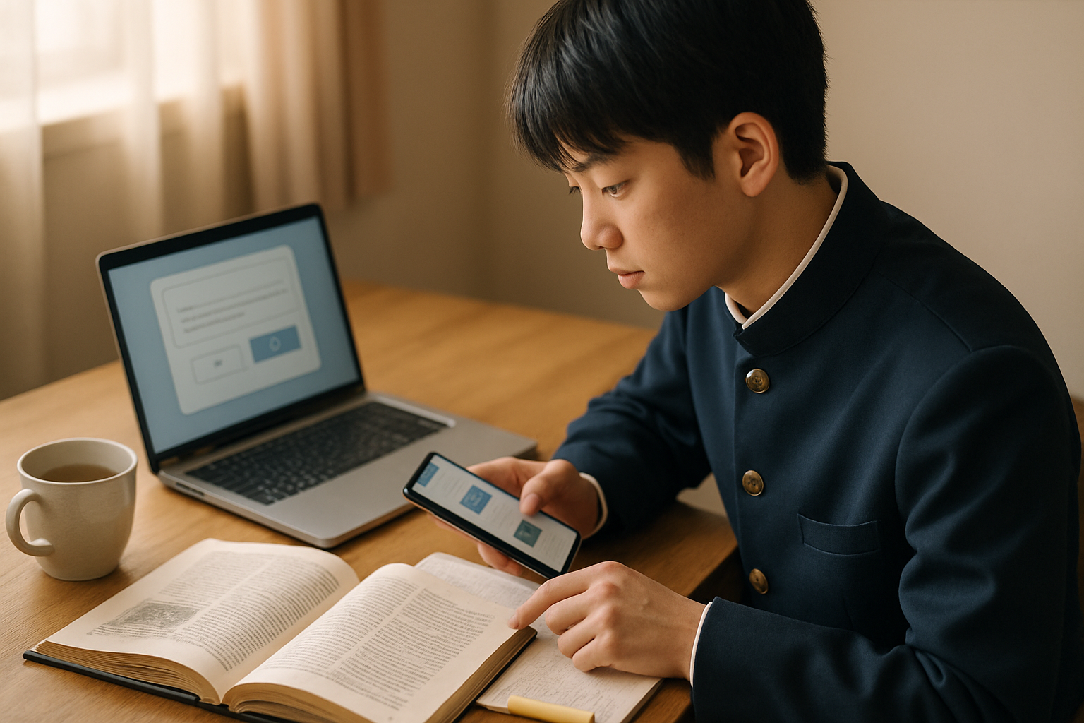 日本史AI一問一答をスマホで復習する高校生の学習風景