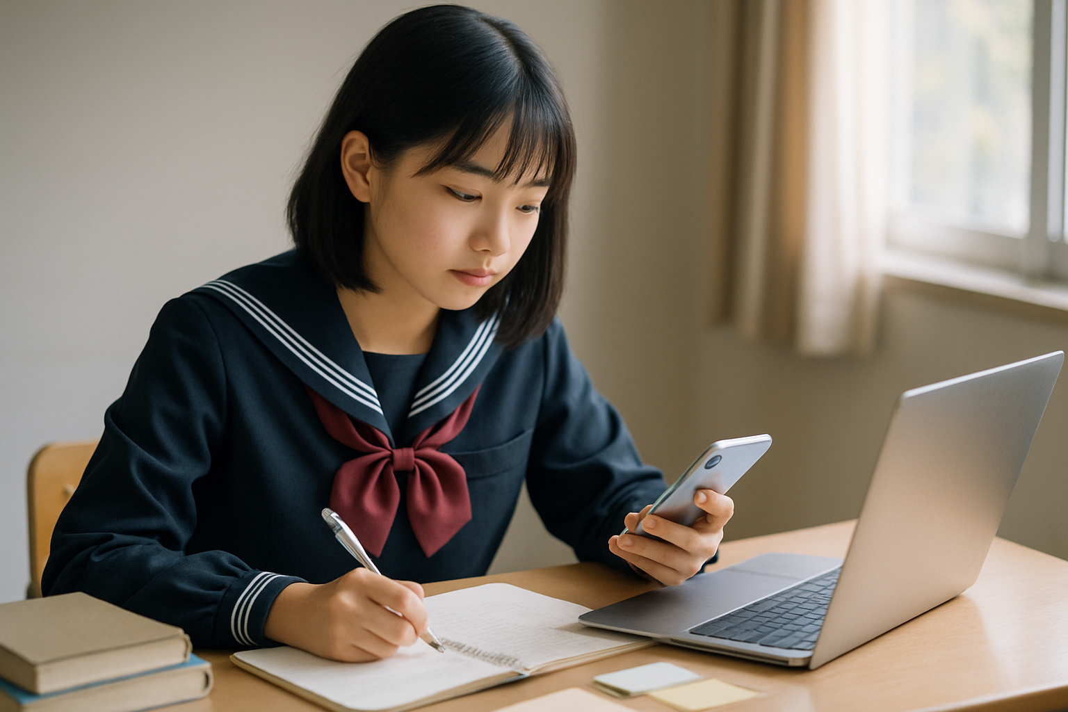 AI 勉強 高校生 おすすめの活用イメージ、スマホとノートで学ぶ高校生